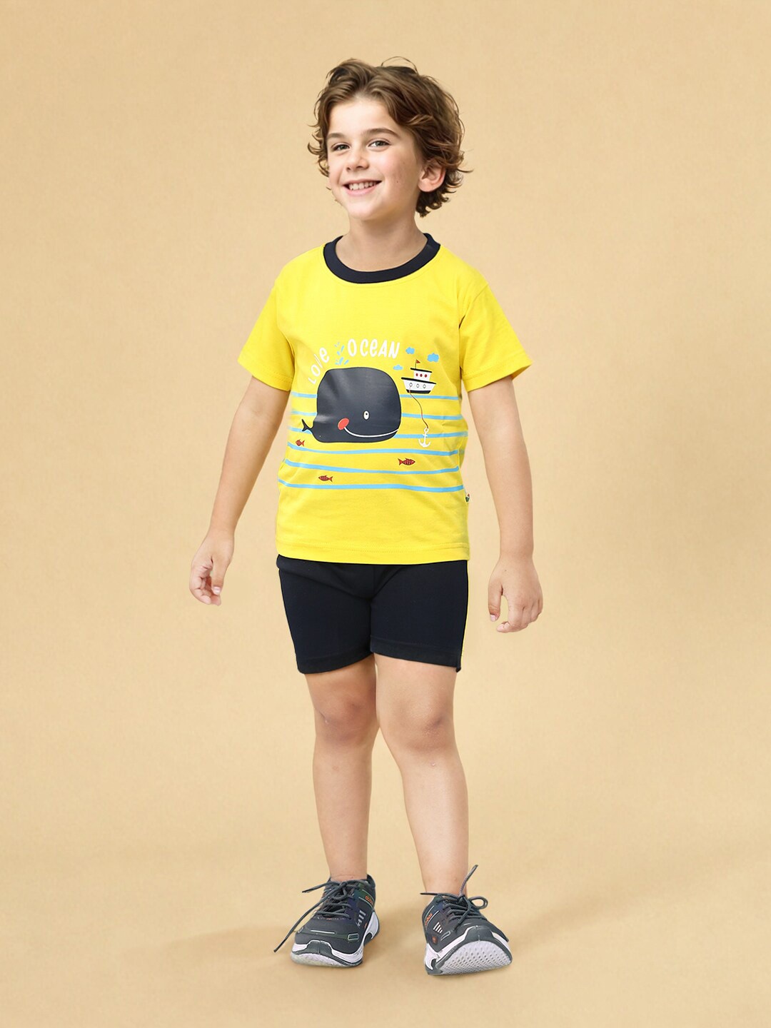 

Toonyport Boys Round Neck Printed T-shirt with Shorts, Yellow