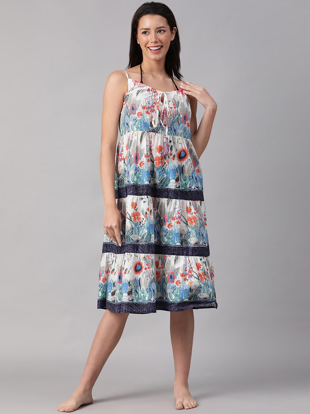 

Oxolloxo Floral Printed Cotton Kaftan Swimwear Cover Up Top, Blue