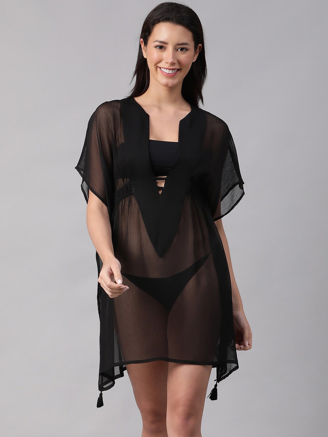 

Oxolloxo Women Cotton Kaftan Swimwear Cover Up Top, Black