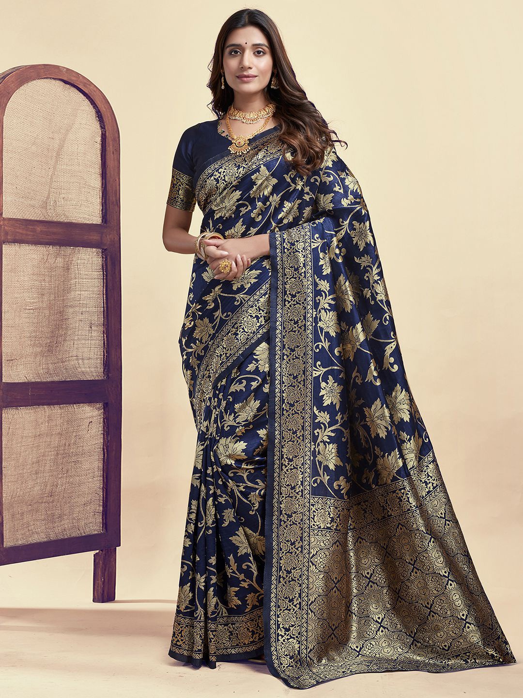 

KALINI Ethnic Motifs Zari Banarasi Saree, Navy blue