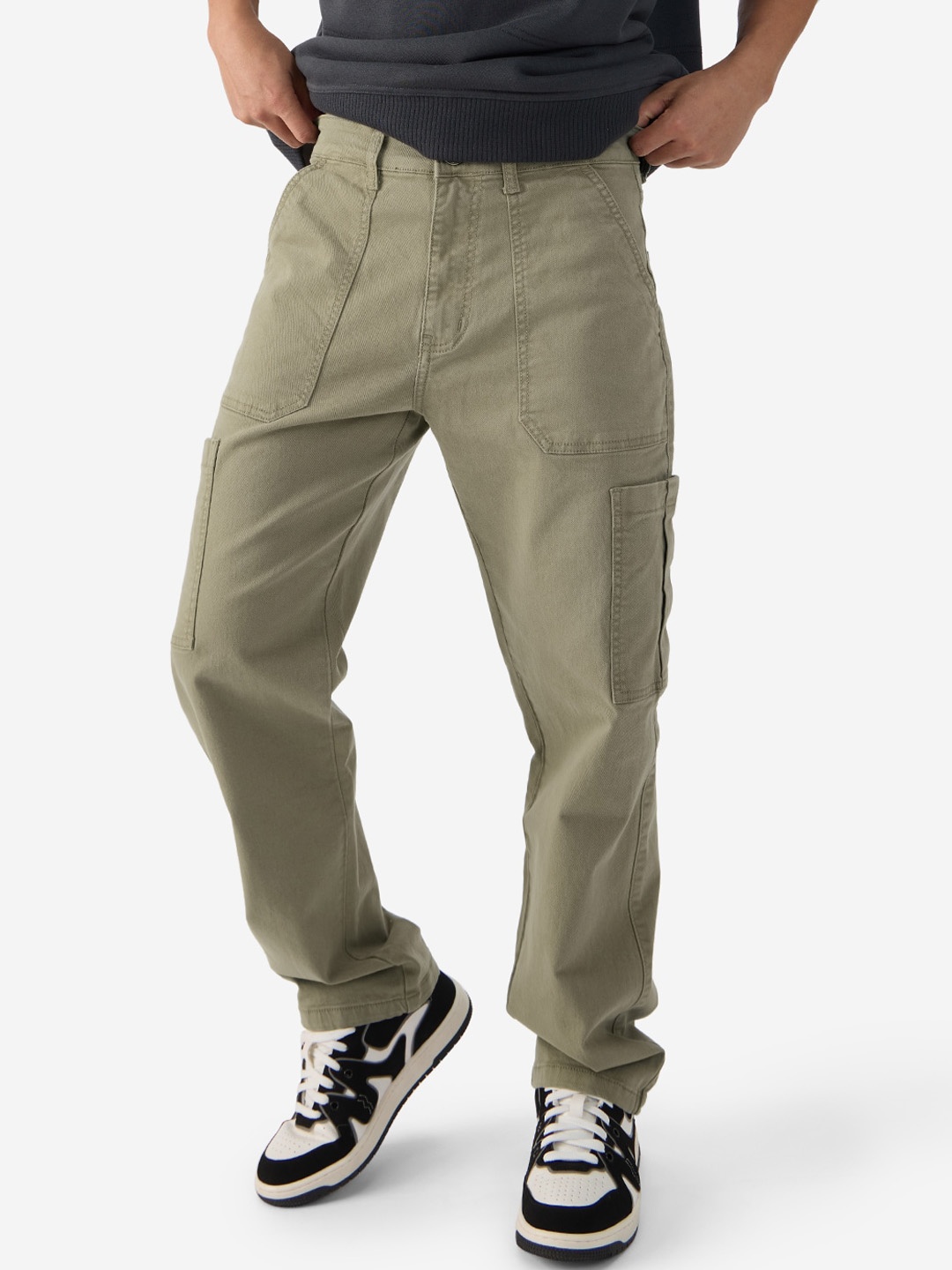 

The Souled Store Men Straight Fit Clean Look Stretchable Cargo Jeans, Olive