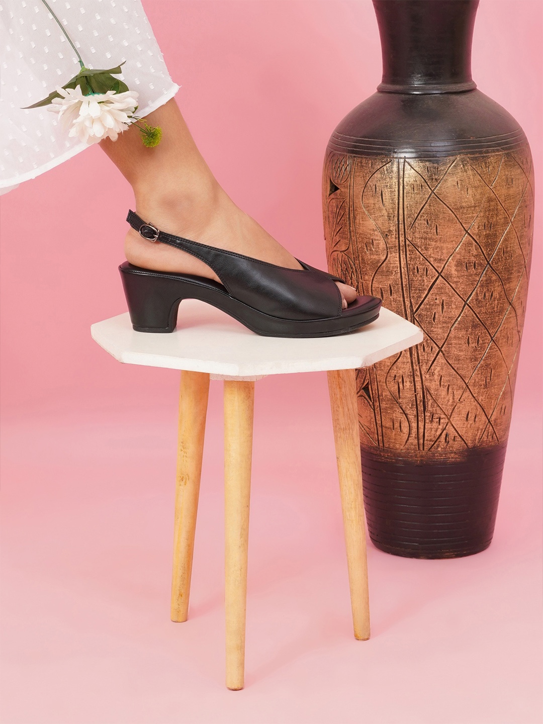 

Sherrif Shoes Peep Toe Backstrap Block Heels, Black
