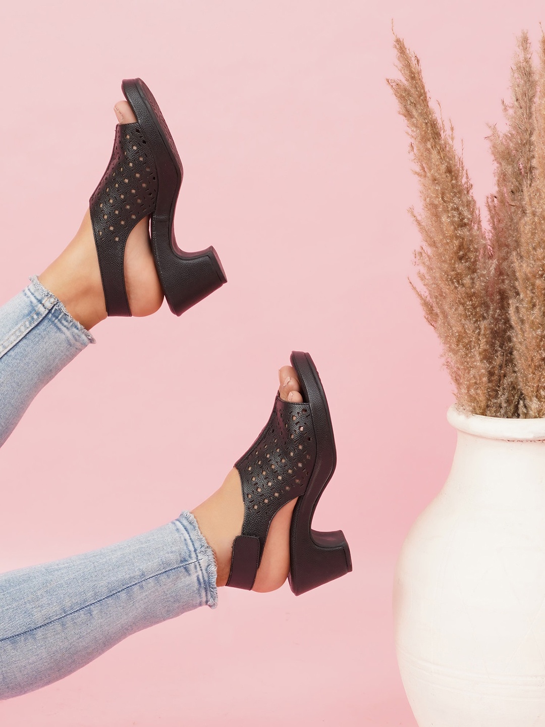 

Sherrif Shoes Laser Cut Peep Toe Platform Heels, Black
