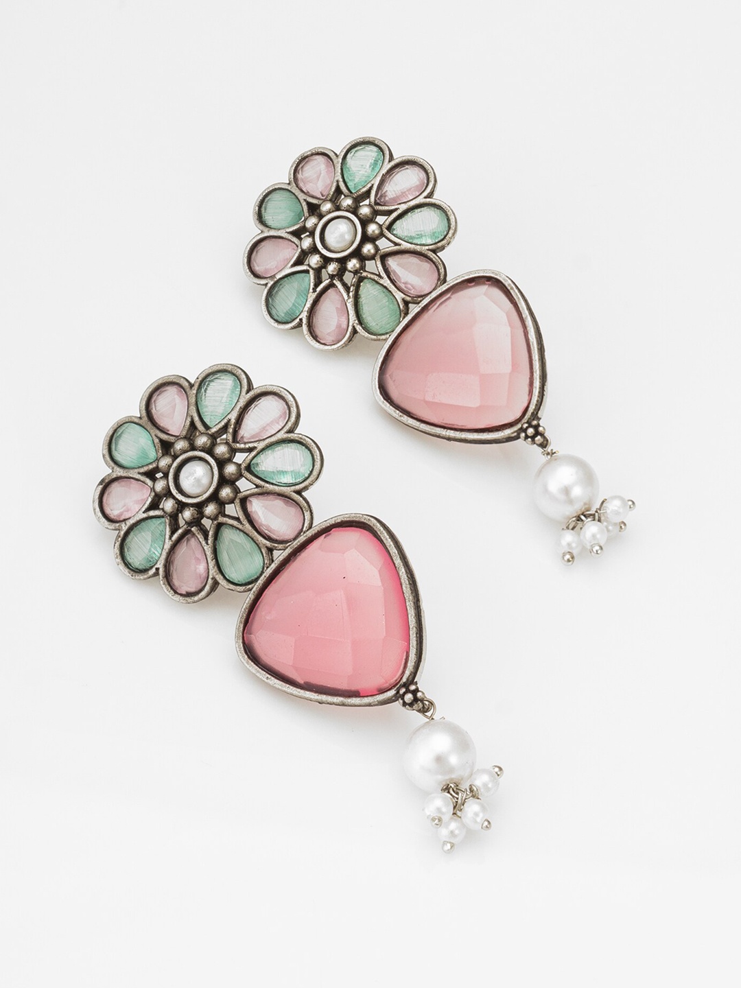 aadita Stone-Studded & Beaded Contemporary Oxidised Drop Earrings, Silver