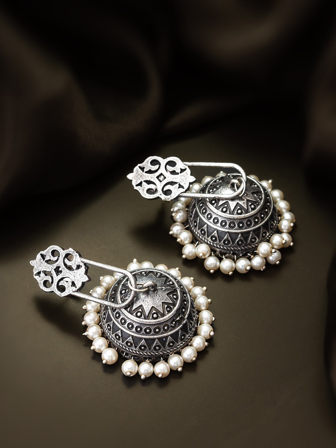 

aadita Beaded Dome Shaped Oxidised Jhumkas, Silver