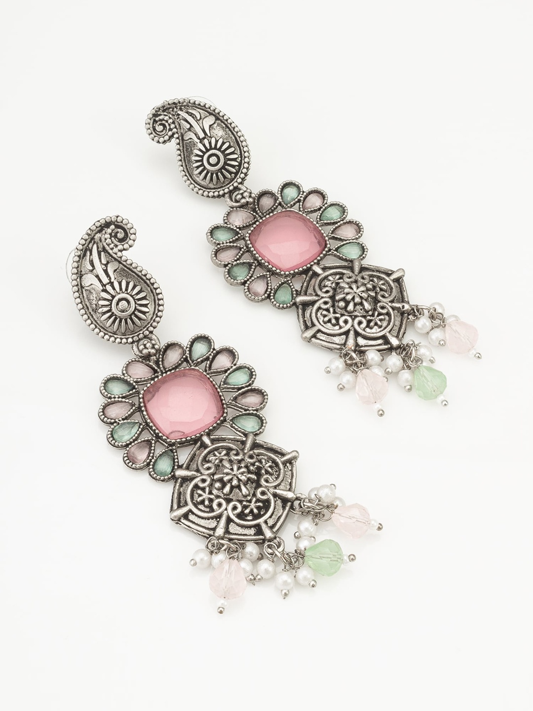 

aadita Stone-Studded and Beaded Contemporary Oxidised Drop Earrings, Silver
