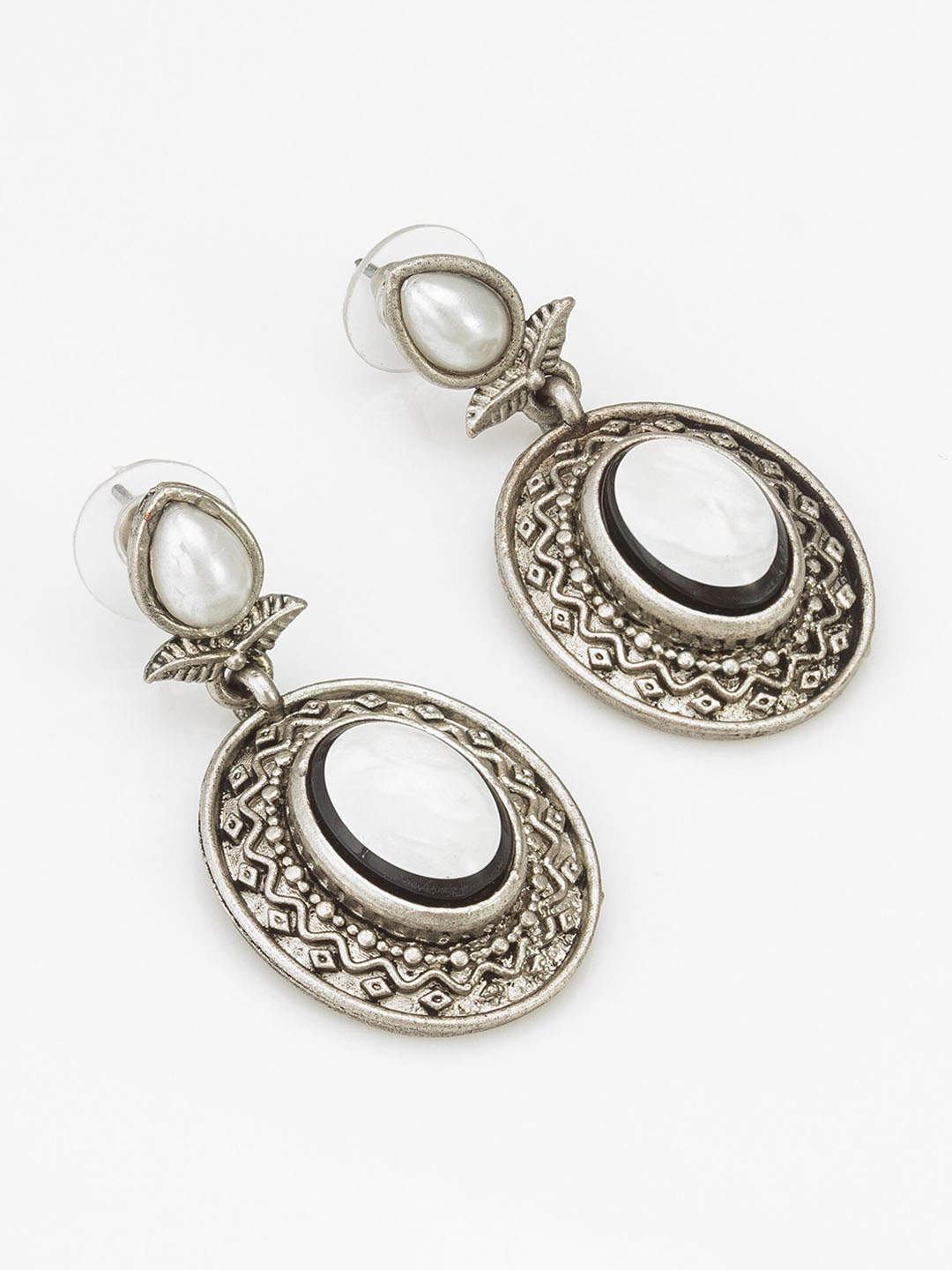 

aadita Stone-Studded & Beaded Contemporary Oxidised Drop Earrings, Silver