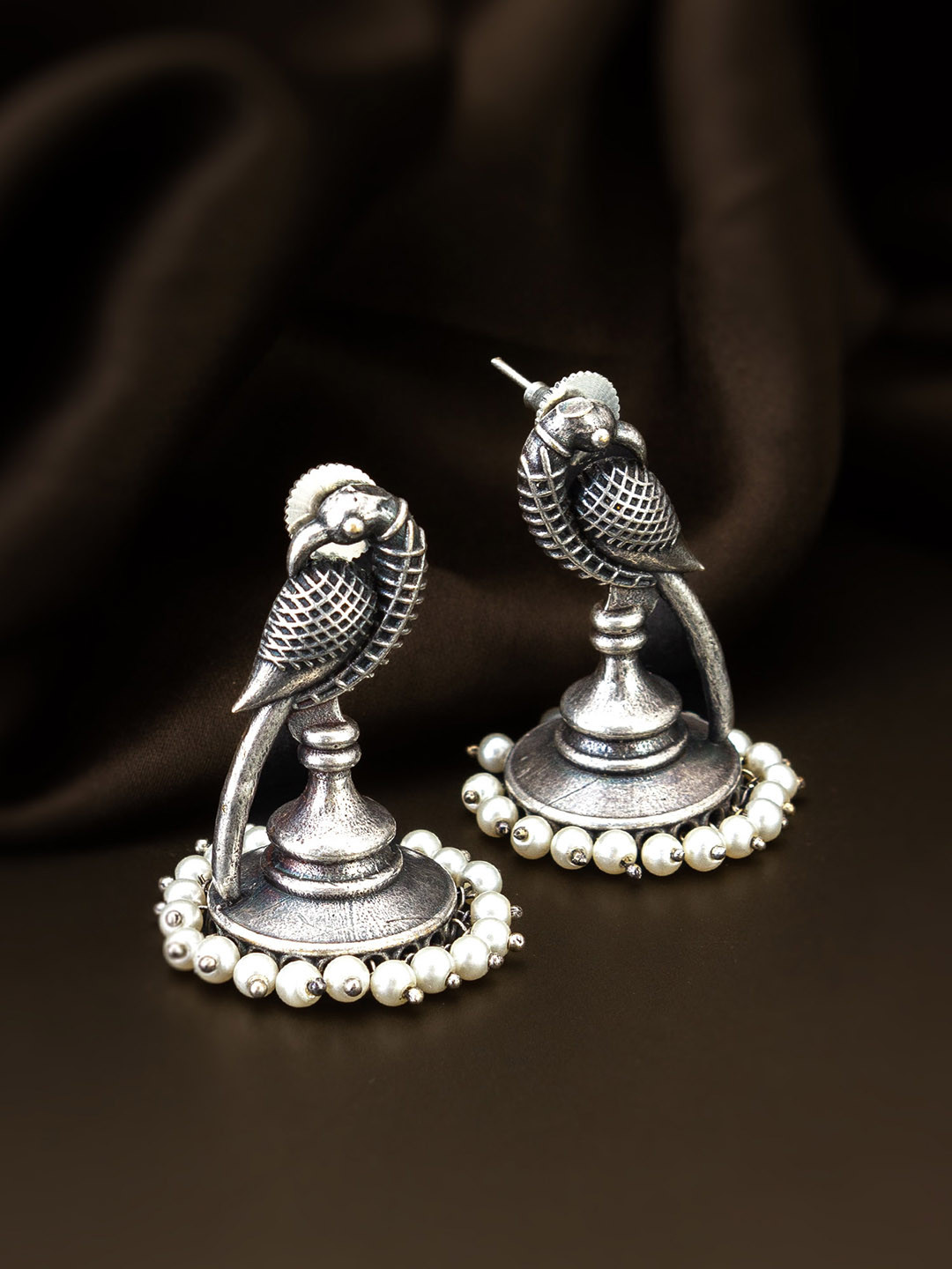 

aadita Beaded Animal Shaped Oxidised Jhumkas, Silver