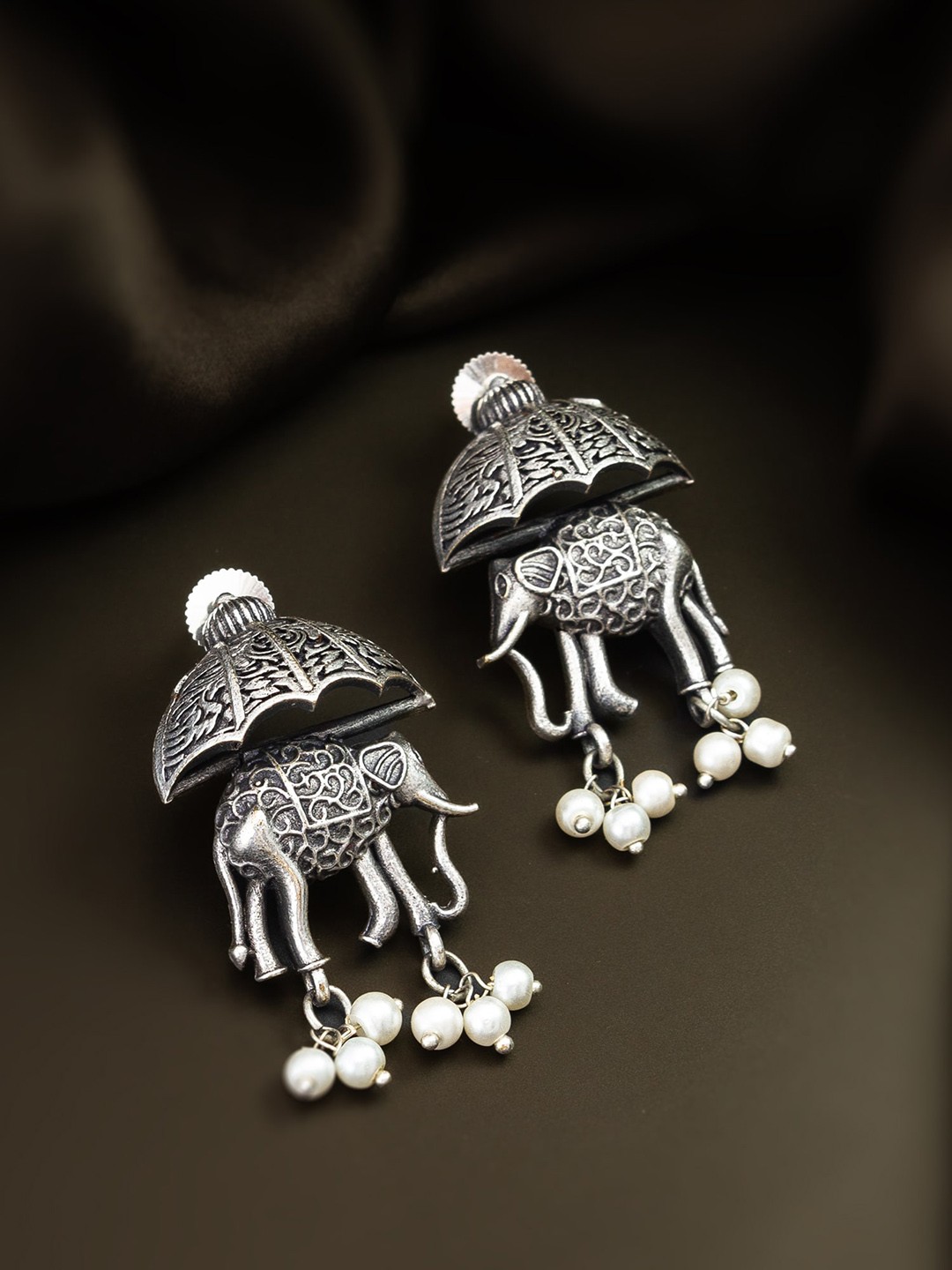 

aadita Beaded Animal Shaped Oxidised Drop Earrings, Silver