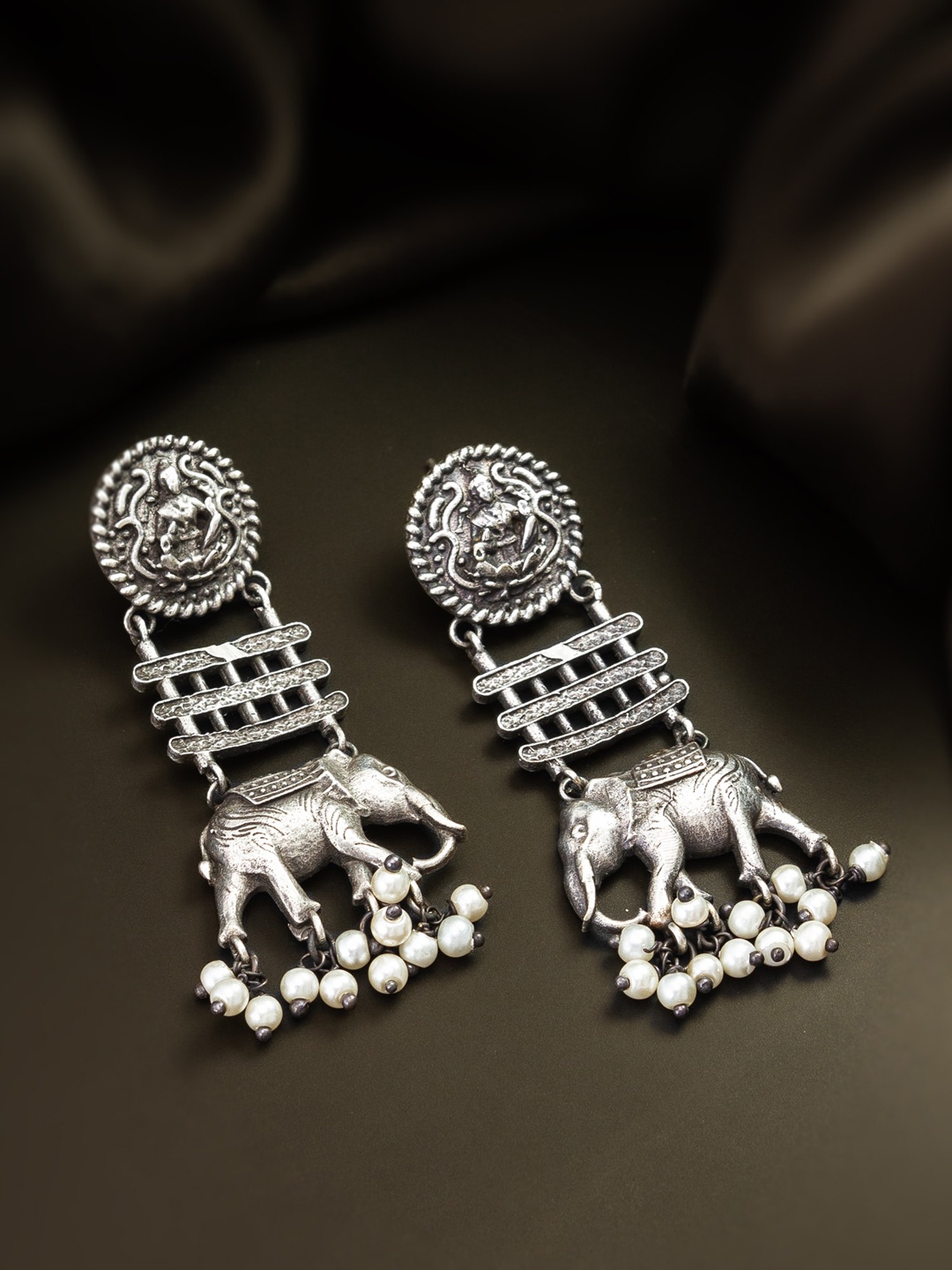 

aadita Beaded Animal Shaped Oxidised Drop Earrings, Silver