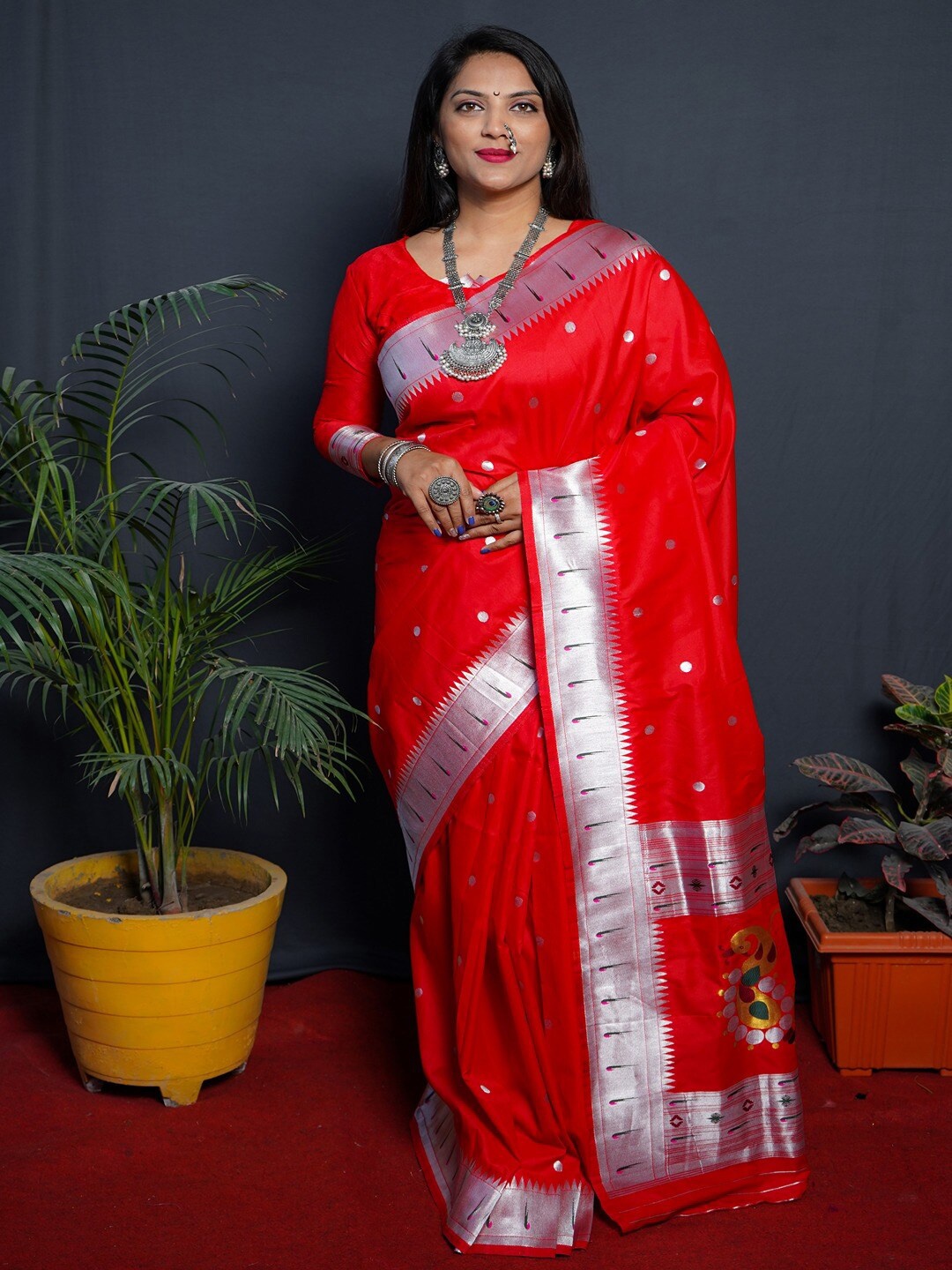 

SGF11 Woven Design Pure Zari Heavy Work Paithani Kanjeevaram Silk Saree, Red