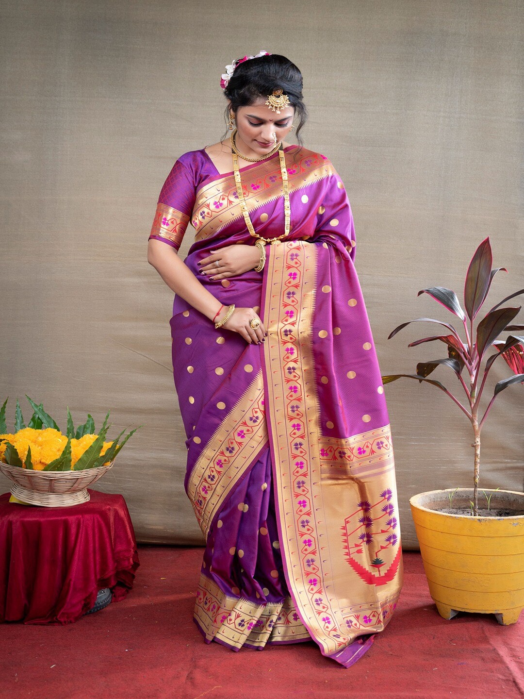 

SGF11 Woven Design Pure Zari Heavy Work Paithani Kanjeevaram Silk Saree, Magenta