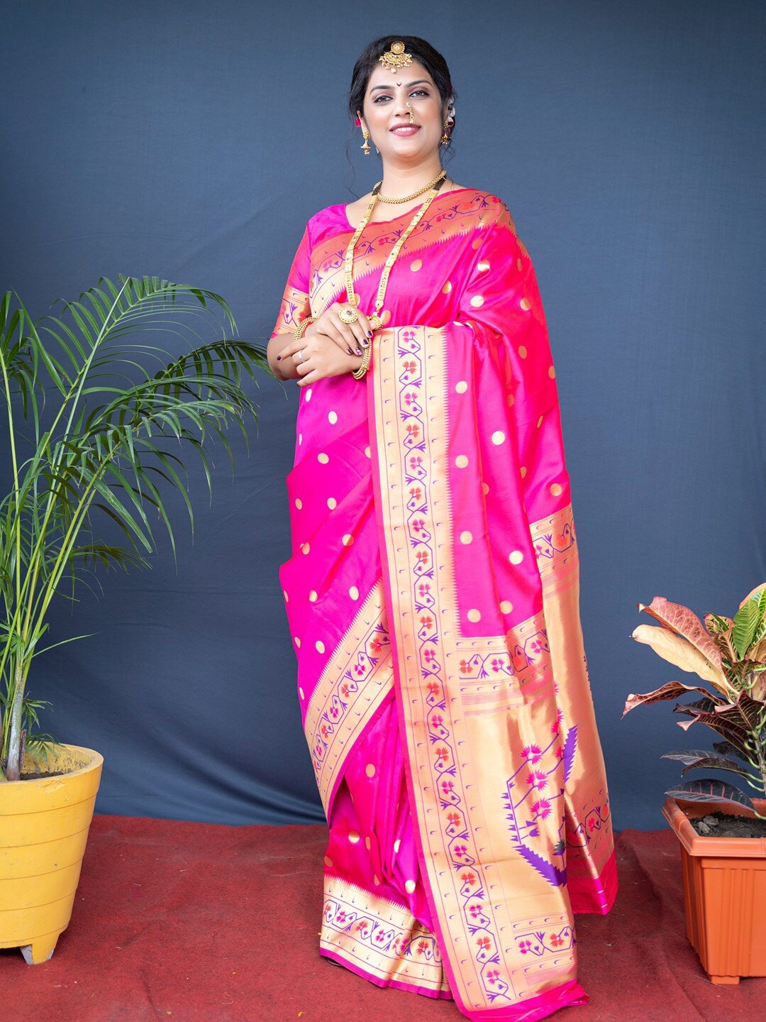 

SGF11 Woven Design Pure Zari Heavy Work Paithani Kanjeevaram Silk Saree, Pink