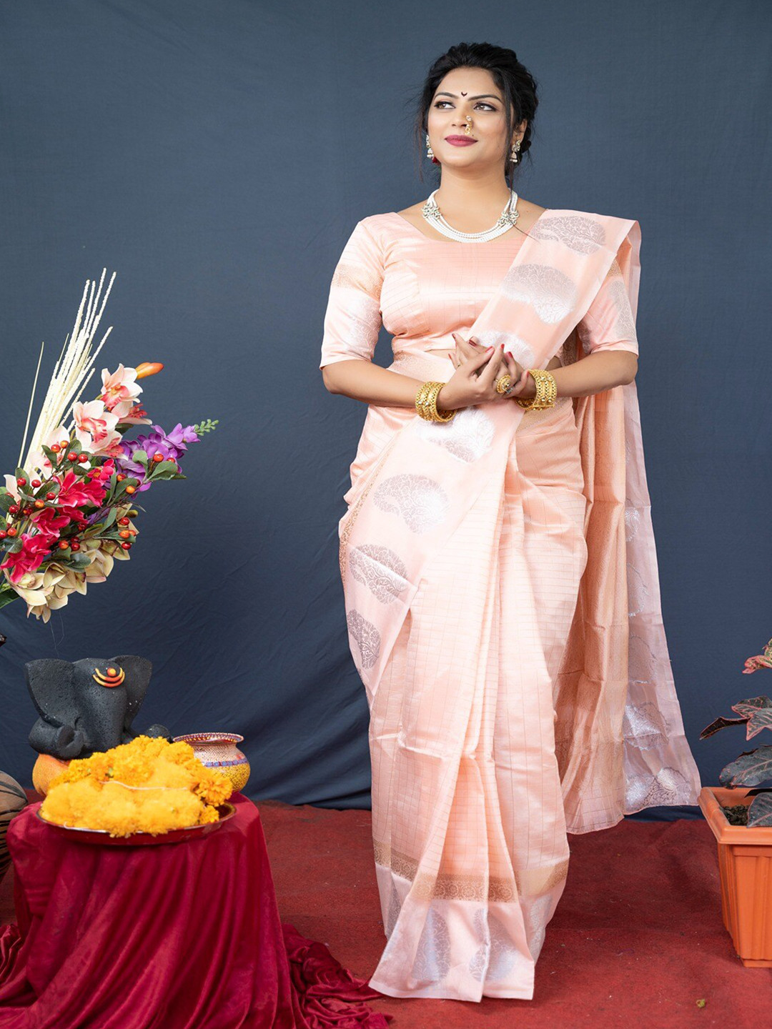 

SGF11 Woven Design Zari Pure Silk Kanjeevaram Saree, Peach