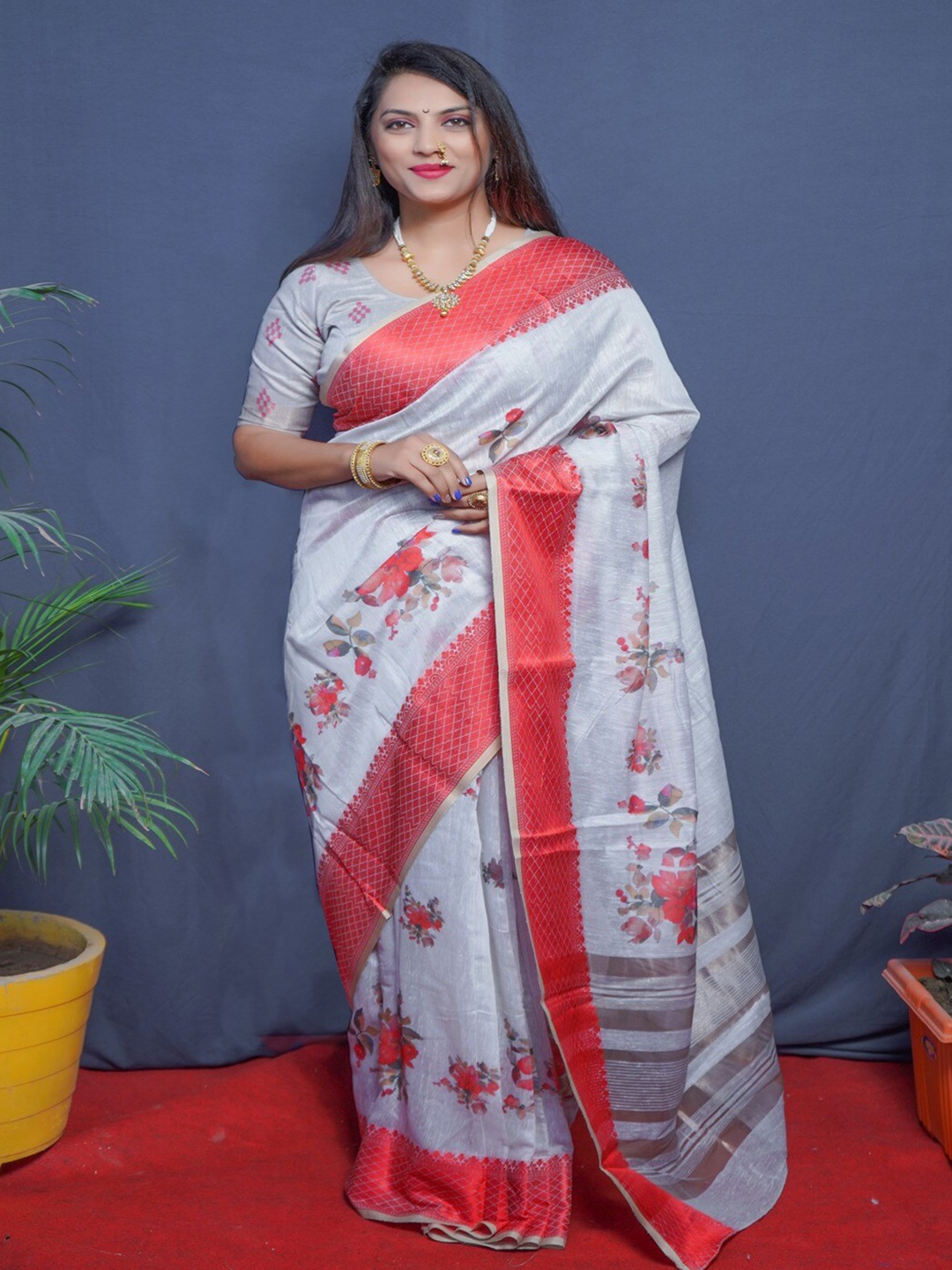 

SGF11 Floral Printed Silk Cotton Chanderi Saree, Grey