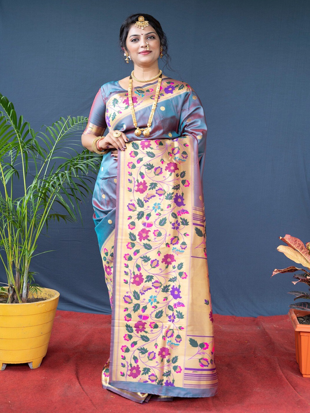 

SGF11 Woven Design Pure Zari Heavy Work Paithani Kanjeevaram Silk Saree, Grey