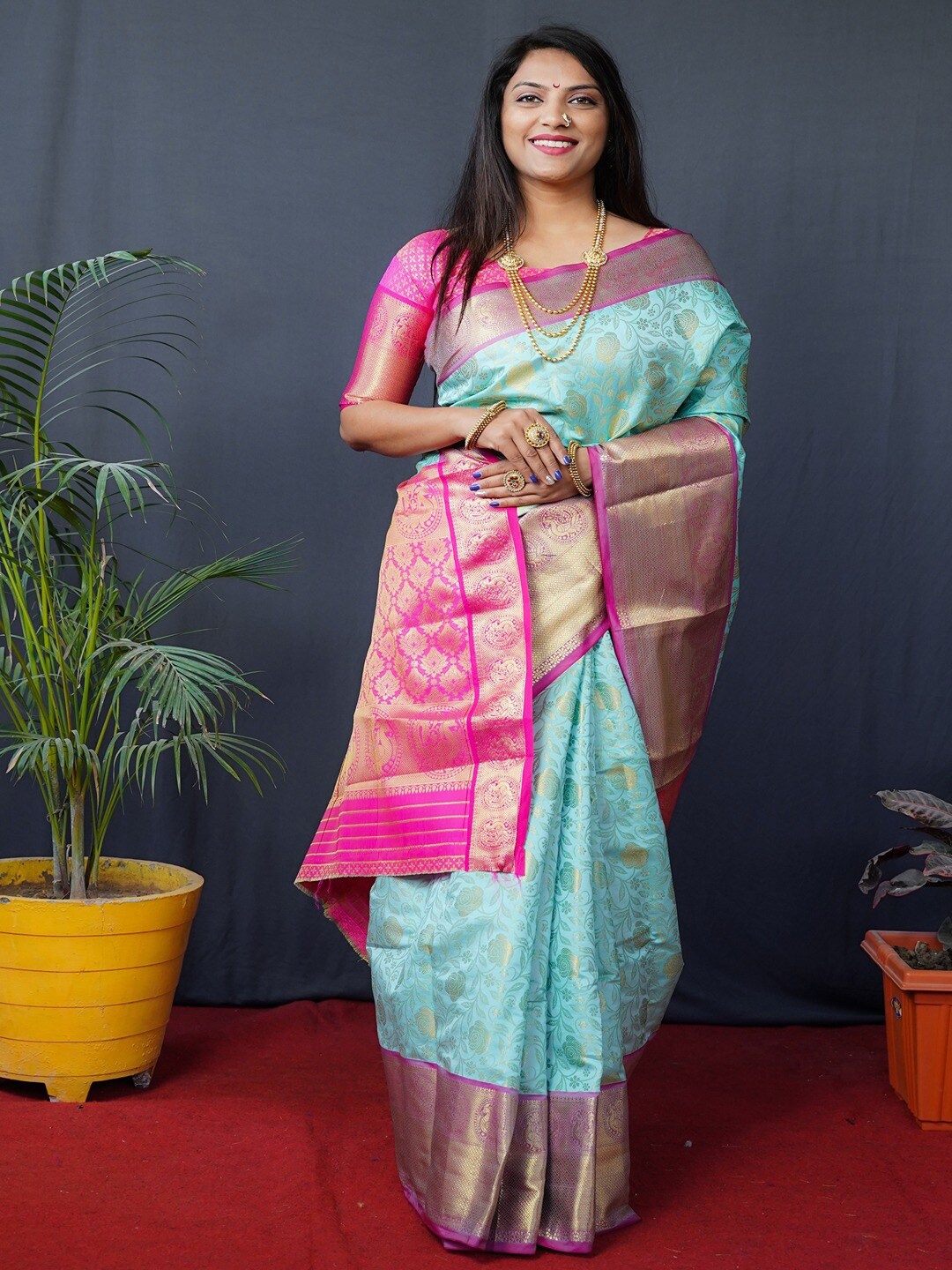 SGF11 Woven Design Zari Pure Silk Kanjeevaram Saree, Turquoise blue