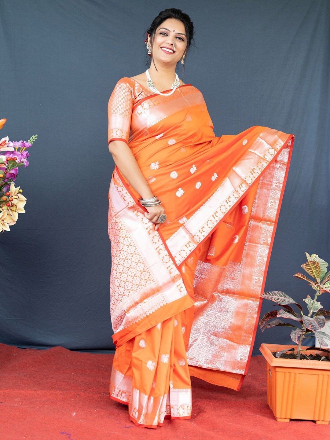 

SGF11 Woven Design Zari Pure Silk Kanjeevaram Saree, Orange