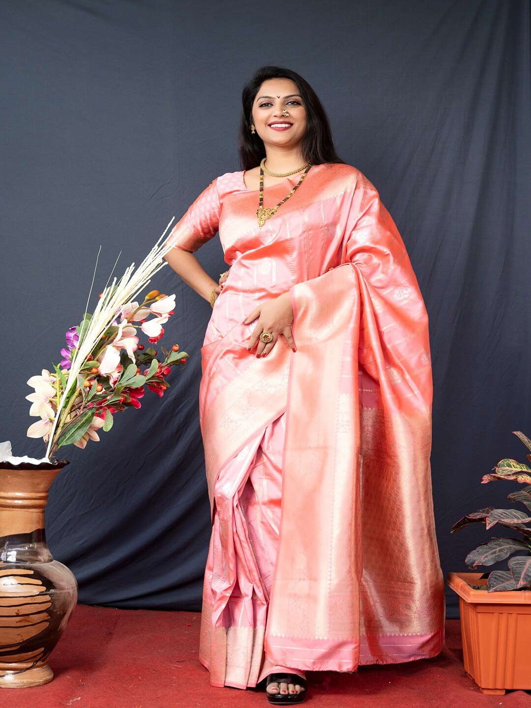 

SGF11 Woven Design Zari Pure Silk Kanjeevaram Saree, Peach