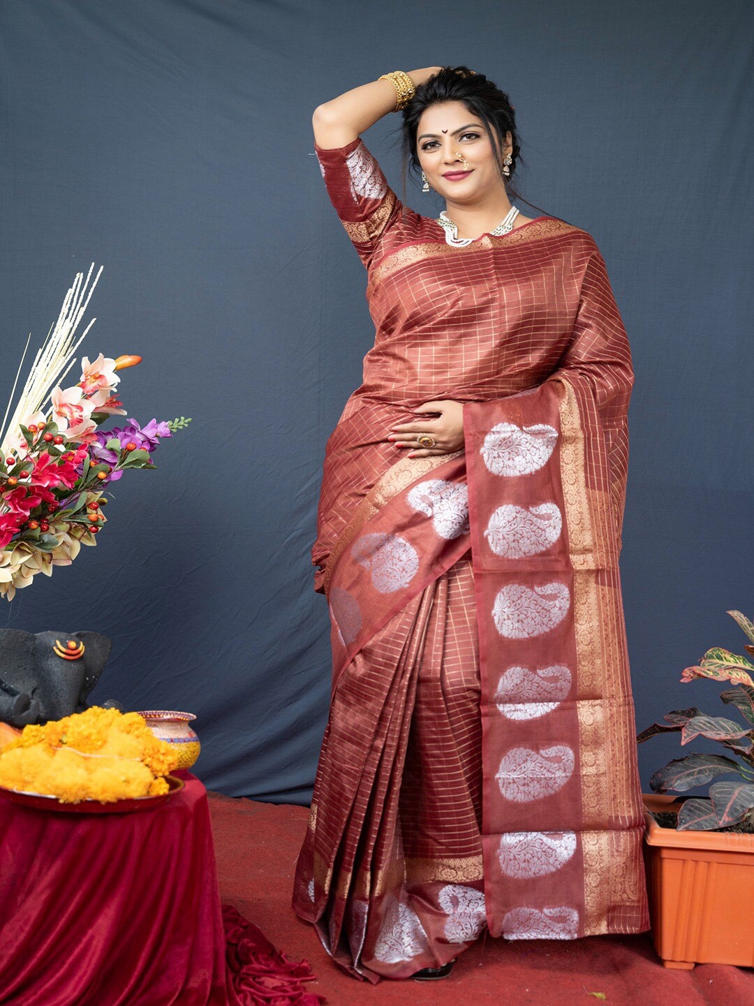 

SGF11 Woven Design Zari Pure Silk Heavy Work Kanjeevaram Saree, Brown
