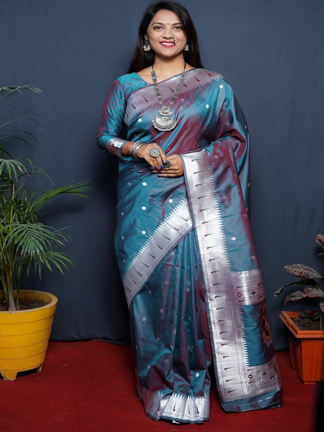 

SGF11 Woven Design Pure Zari Heavy Work Paithani Kanjeevaram Silk Saree, Grey