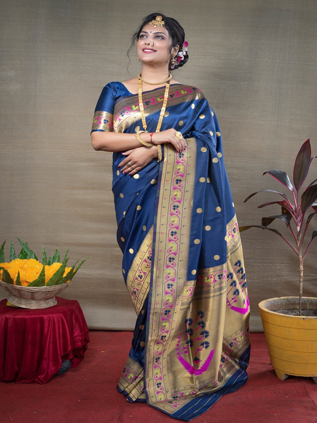 

SGF11 Woven Design Pure Zari Heavy Work Paithani Kanjeevaram Silk Saree, Navy blue
