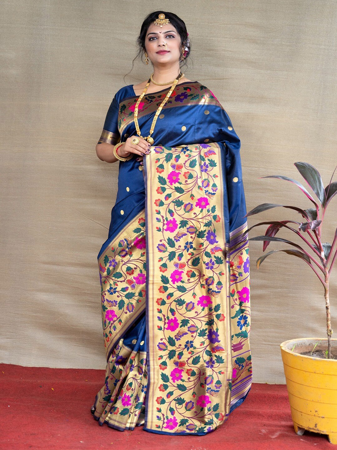 

SGF11 Woven Design Pure Zari Heavy Work Paithani Kanjeevaram Silk Saree, Navy blue