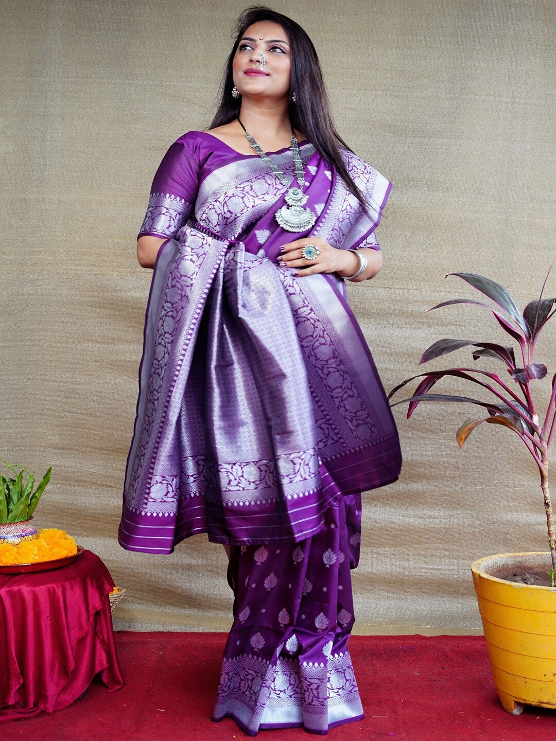 

SGF11 Woven Design Zari Pure Silk Kanjeevaram Saree, Purple