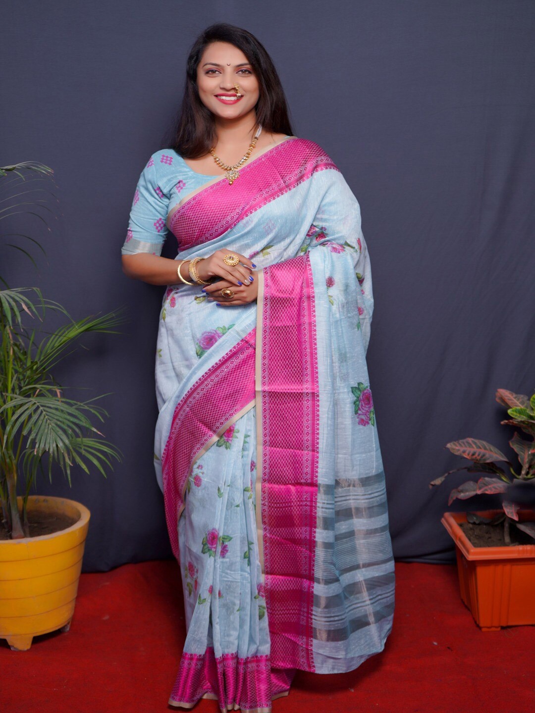 

SGF11 Floral Printed Silk Cotton Chanderi Saree, Turquoise blue