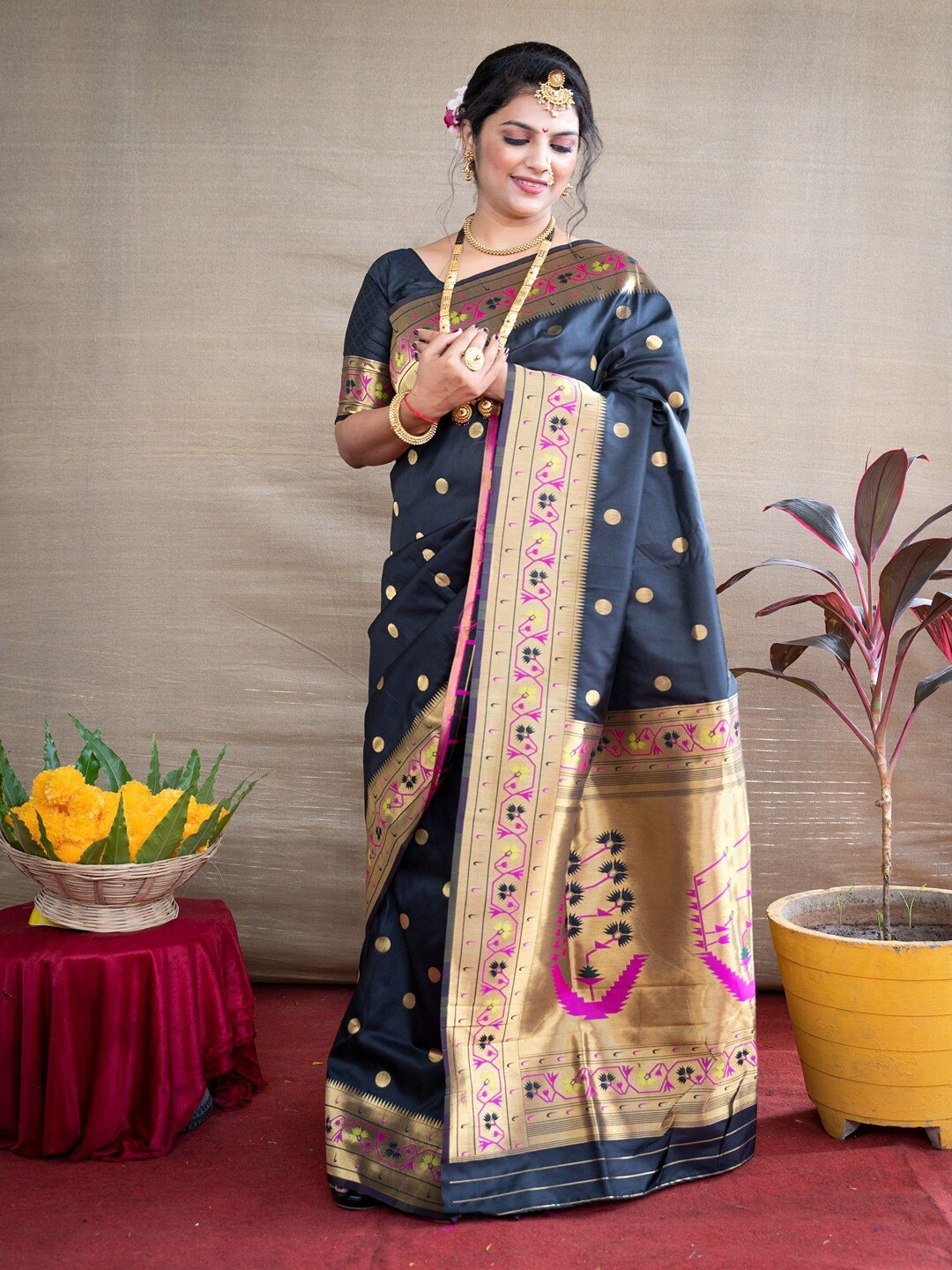 

SGF11 Woven Design Pure Zari Heavy Work Paithani Kanjeevaram Silk Saree, Black
