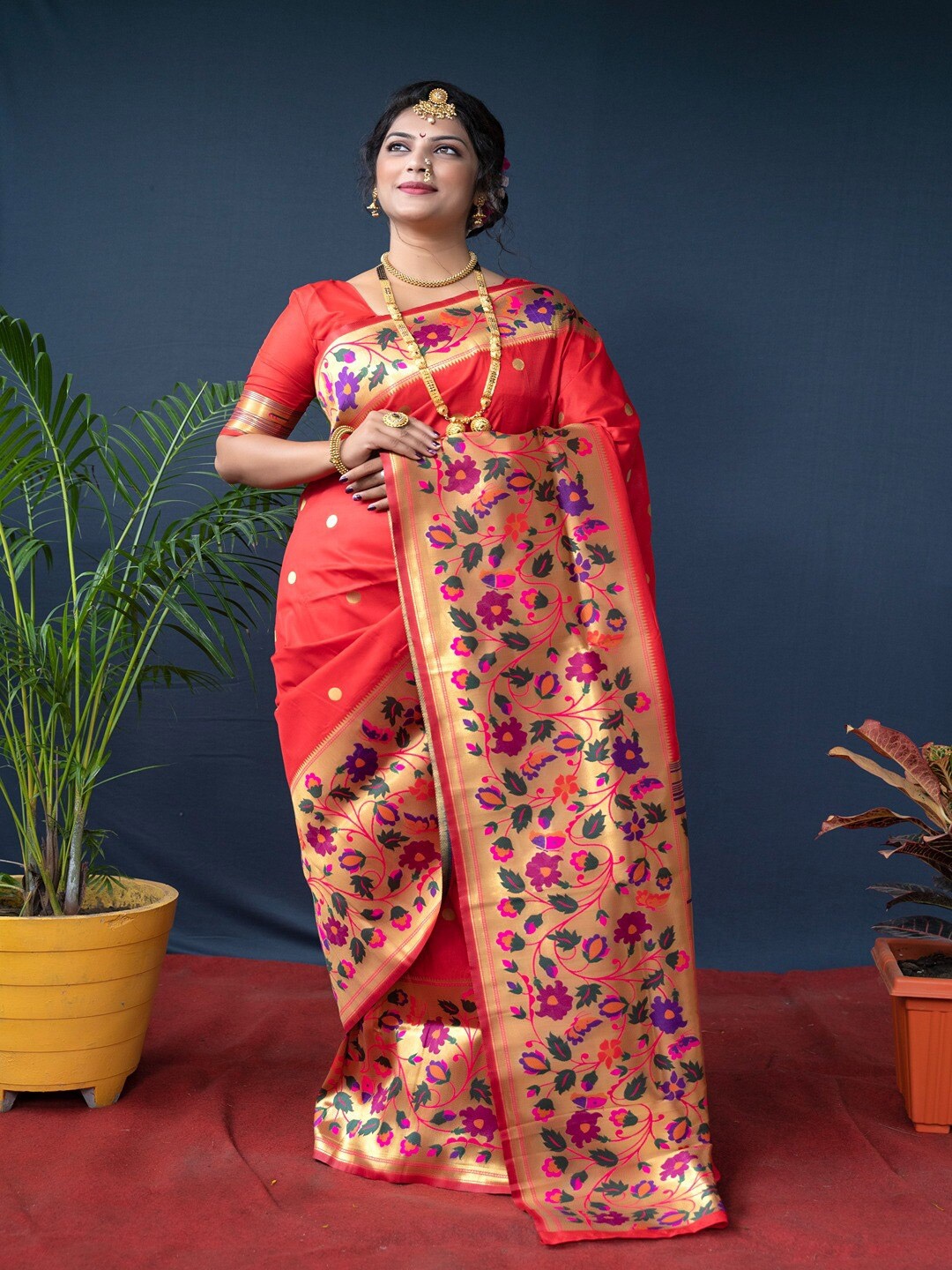 

SGF11 Woven Design Pure Zari Heavy Work Paithani Kanjeevaram Silk Saree, Red