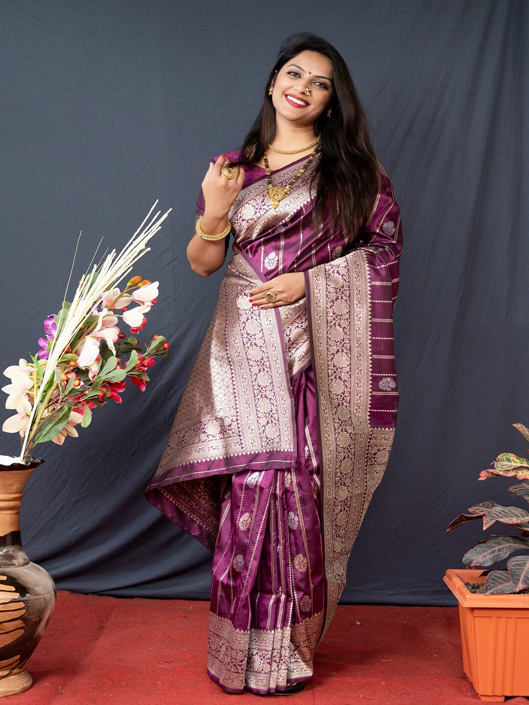 

SGF11 Woven Design Zari Pure Silk Kanjeevaram Saree, Purple
