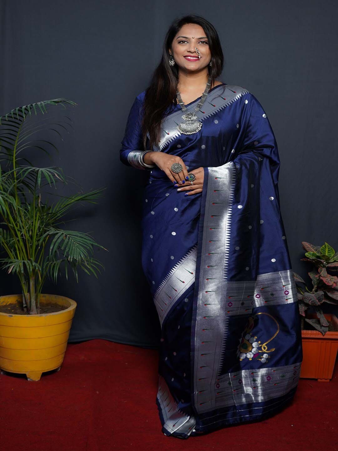 

SGF11 Woven Design Zari Pure Silk Paithani Saree, Navy blue