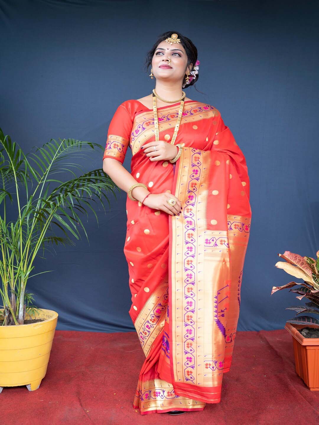 

SGF11 Woven Design Pure Zari Heavy Work Paithani Kanjeevaram Silk Saree, Red