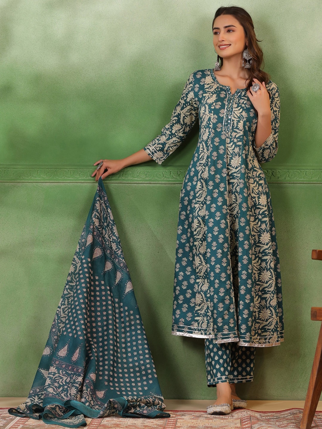 

Sangria Floral Printed Pure Cotton Anarkali Kurta With Trousers & Dupatta, Teal