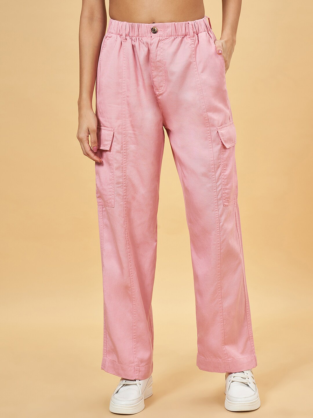 

Honey by Pantaloons Women Flared High-Rise Cargo Trousers, Pink