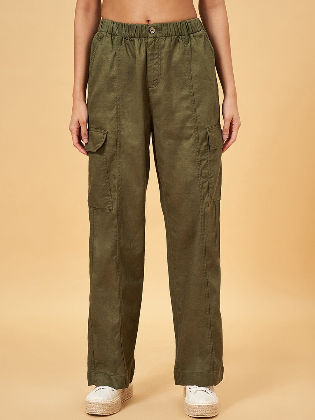 

Honey by Pantaloons Women Flared High-Rise Cargo Trousers, Olive