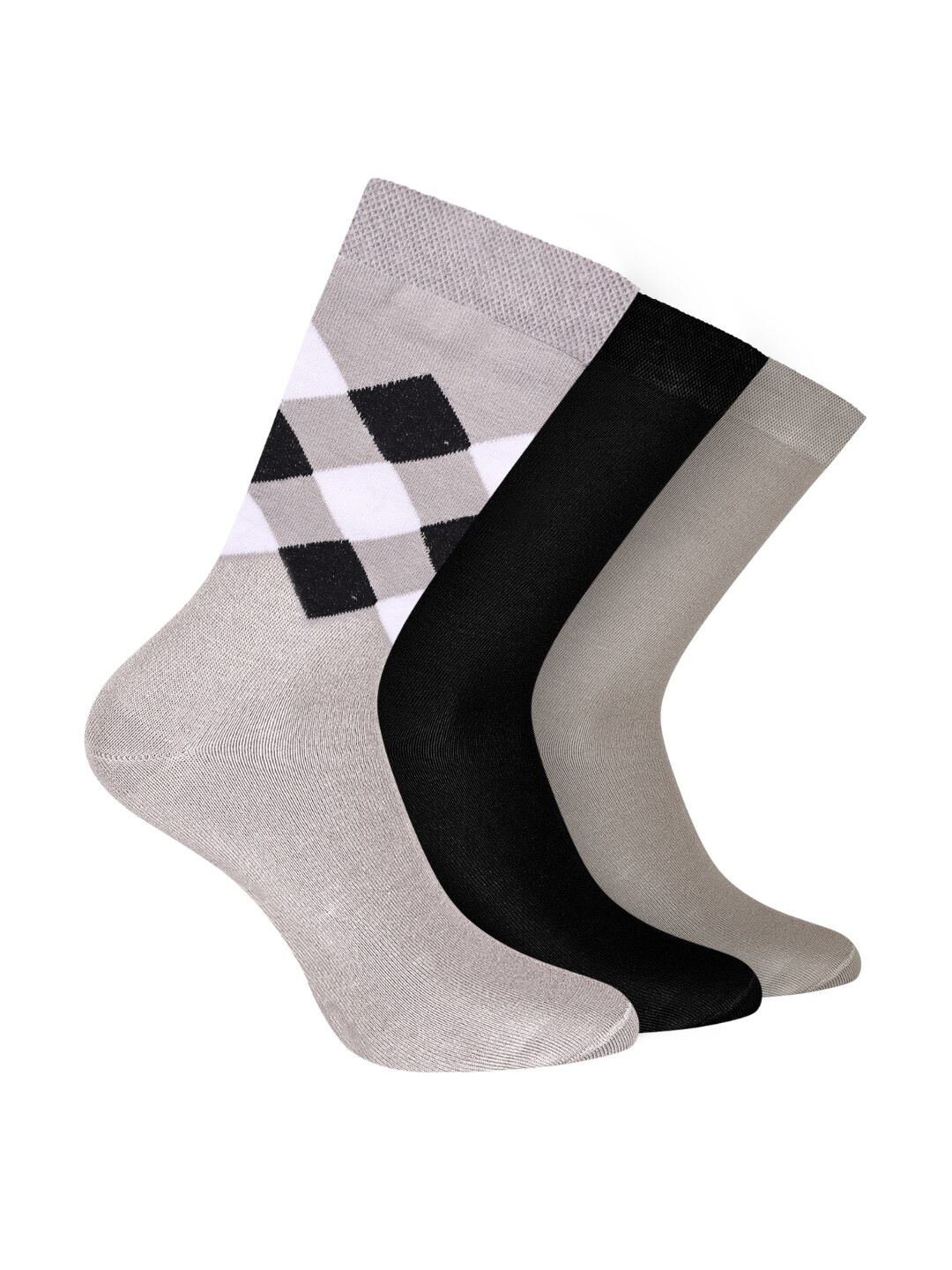 

FOOTPRINT Men 3 Pairs Patterned Odour free Organic Cotton Bamboo Calf Length Formal Socks, Grey