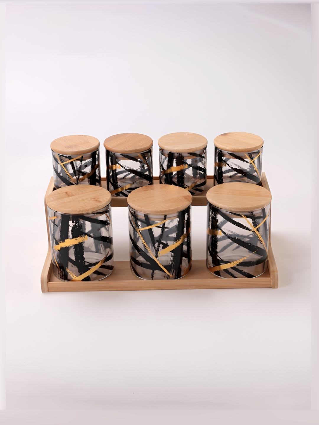 Aura Black & Beige 7 Pieces Glass Jar with Bamboo Lid & Stand