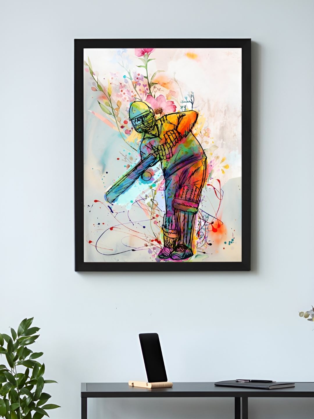 Art Street Black & White Frame Art Print Cricket Player Batting Poster