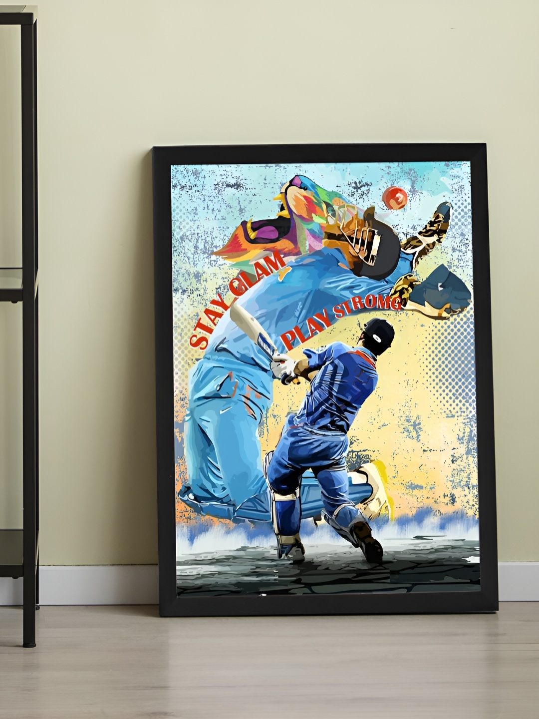 Art Street Framed Cricket Art Print Mahi Batting Poster, Black