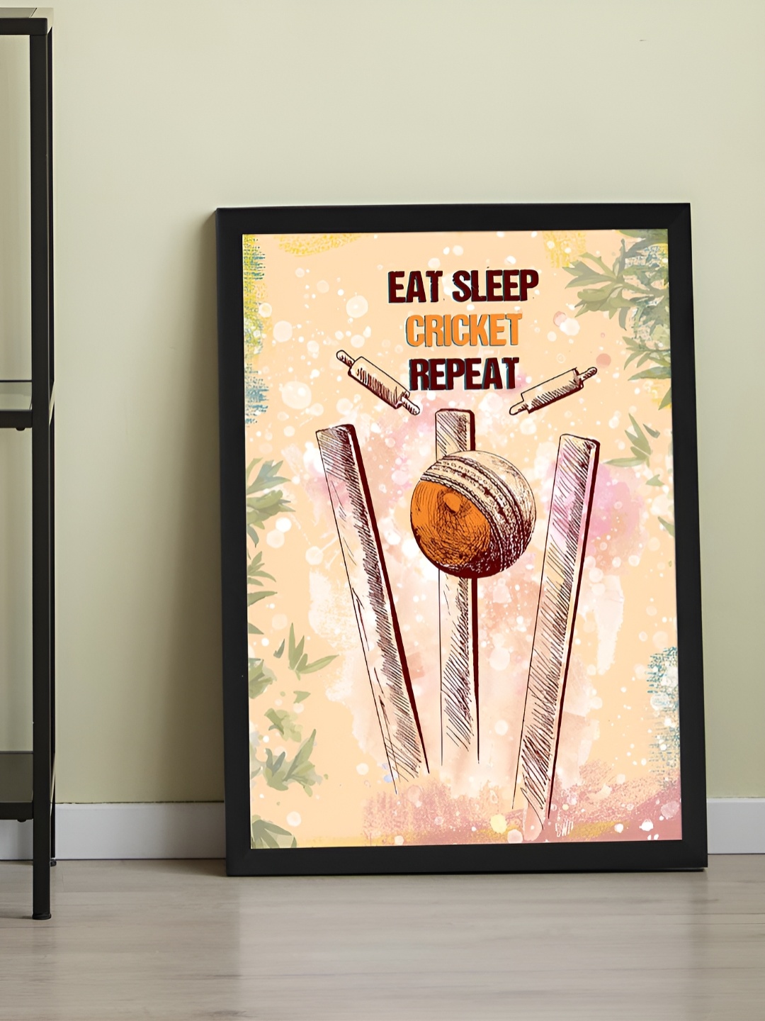 

Art Street Black & Beige Framed Art Print Cricket Ball & Stumps Quotes Poster