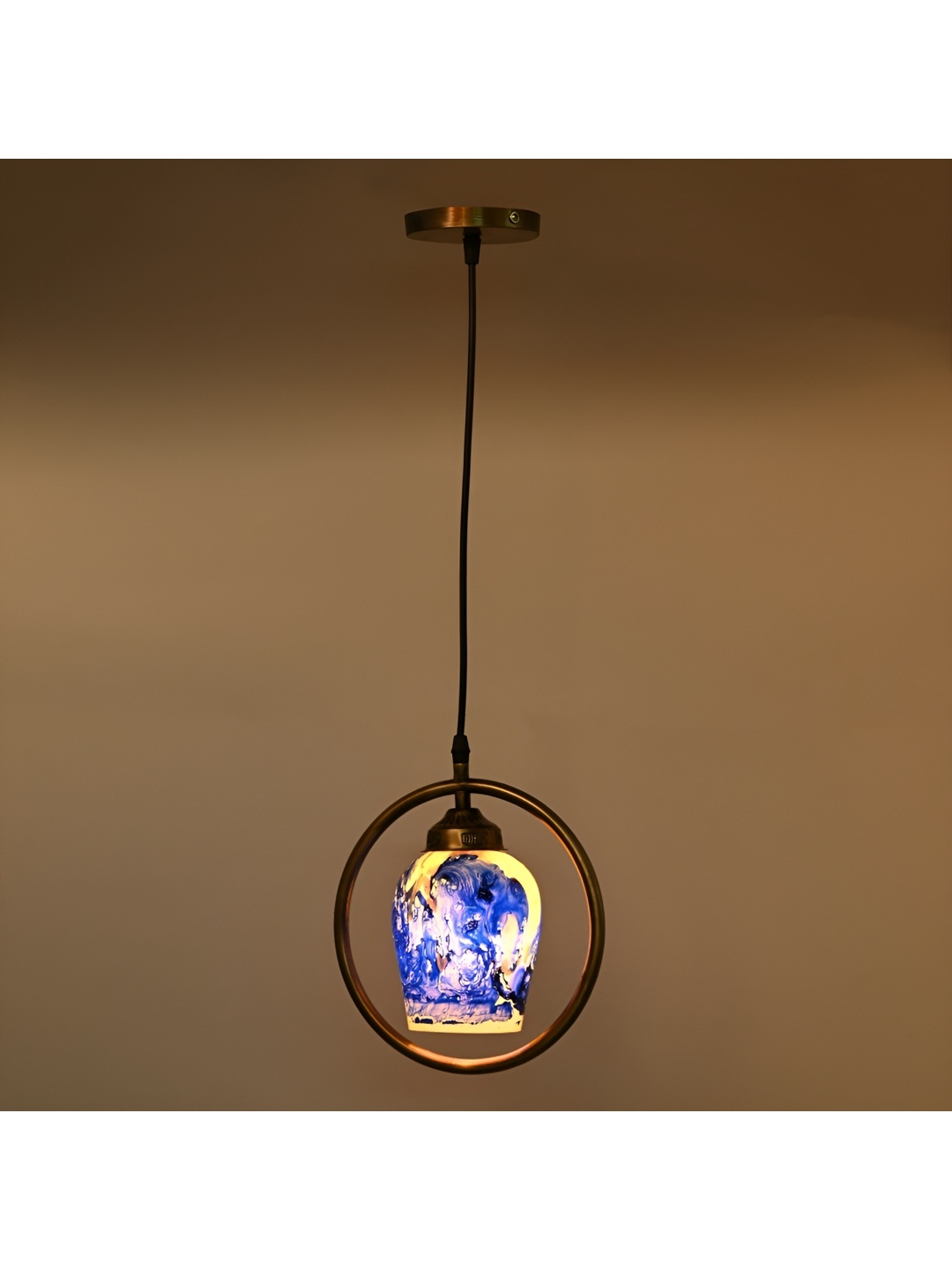

1ST TIME Blue & White Printed Glass Contemporary Bell Shaped Ceiling Lamp