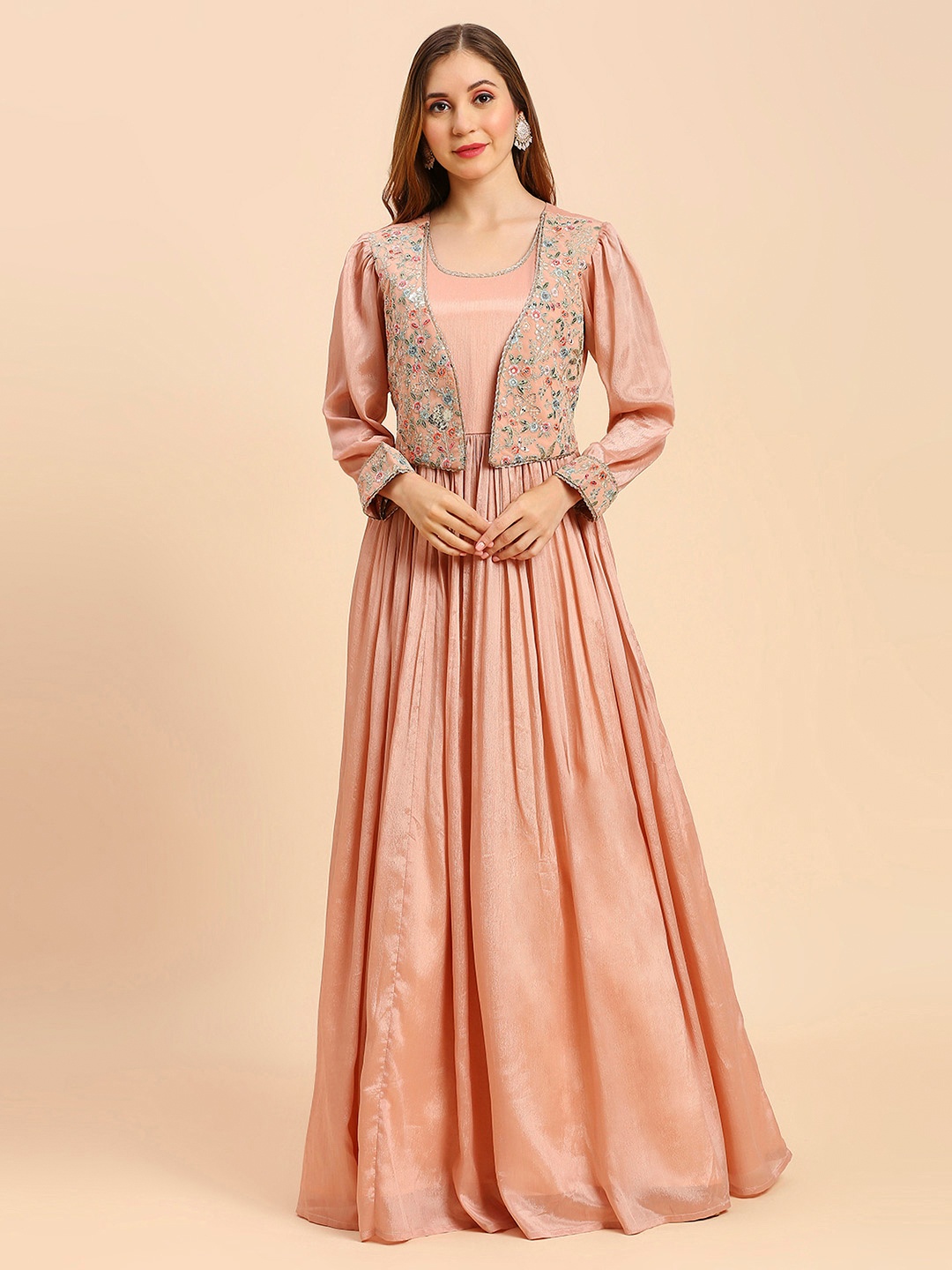 

MADHURAM Round Neck Long Sleeves Chiffon Maxi Dress, Peach