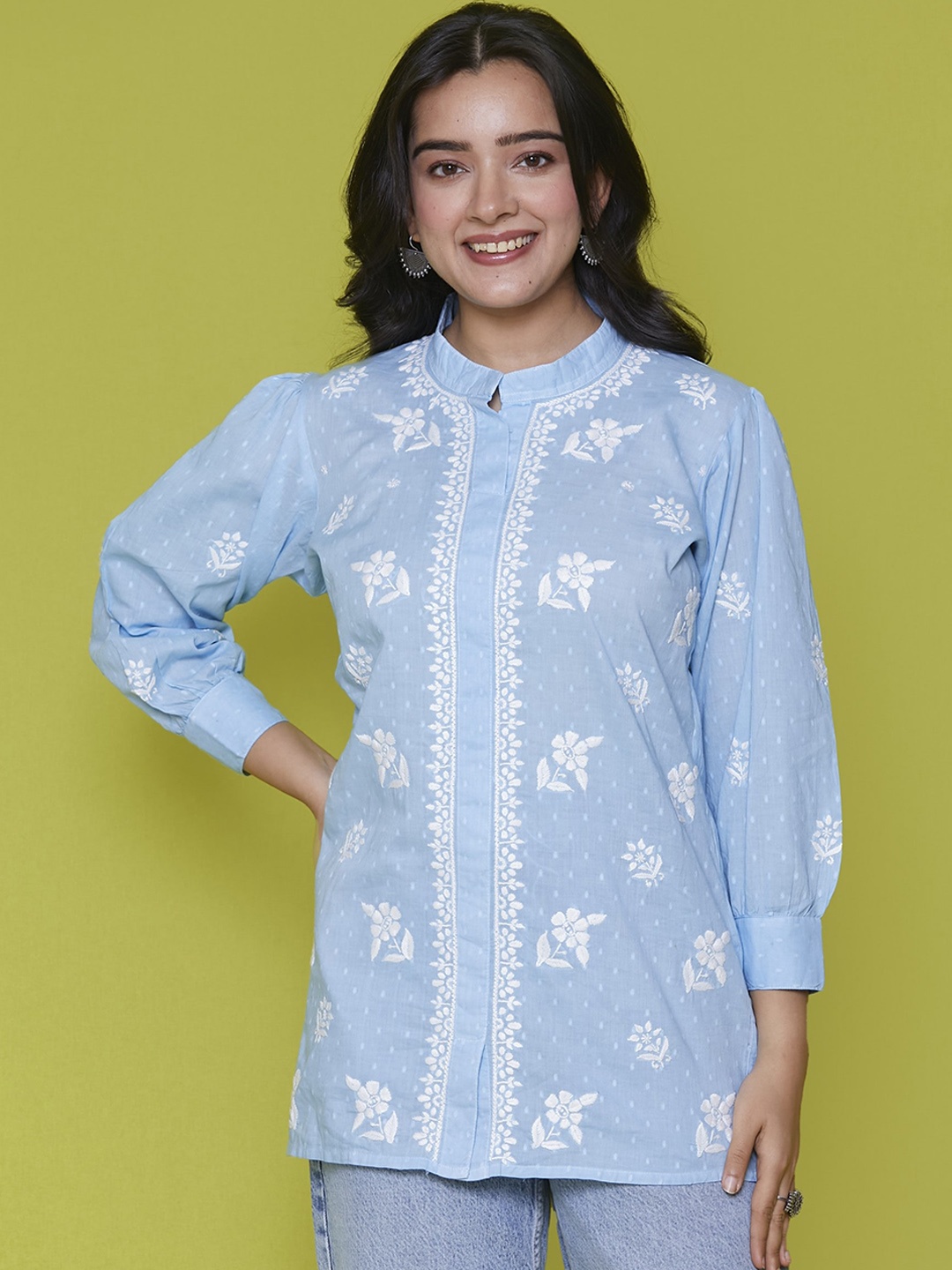 

House of Chikankari Mandarin Collar Floral Thread Work Pure Cotton Straight Kurti, Blue