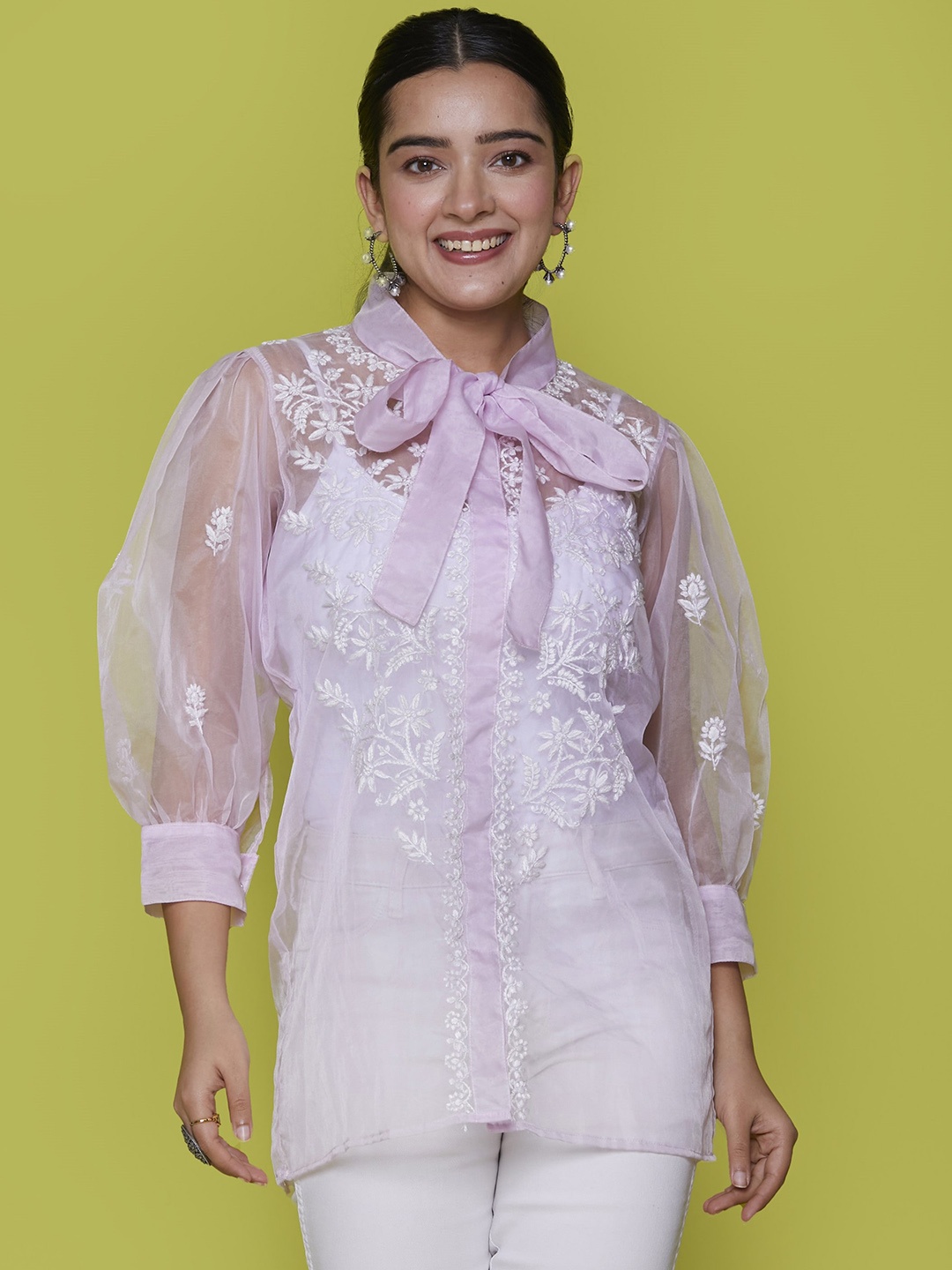 

House of Chikankari Chikankari Woven Shirt, Pink