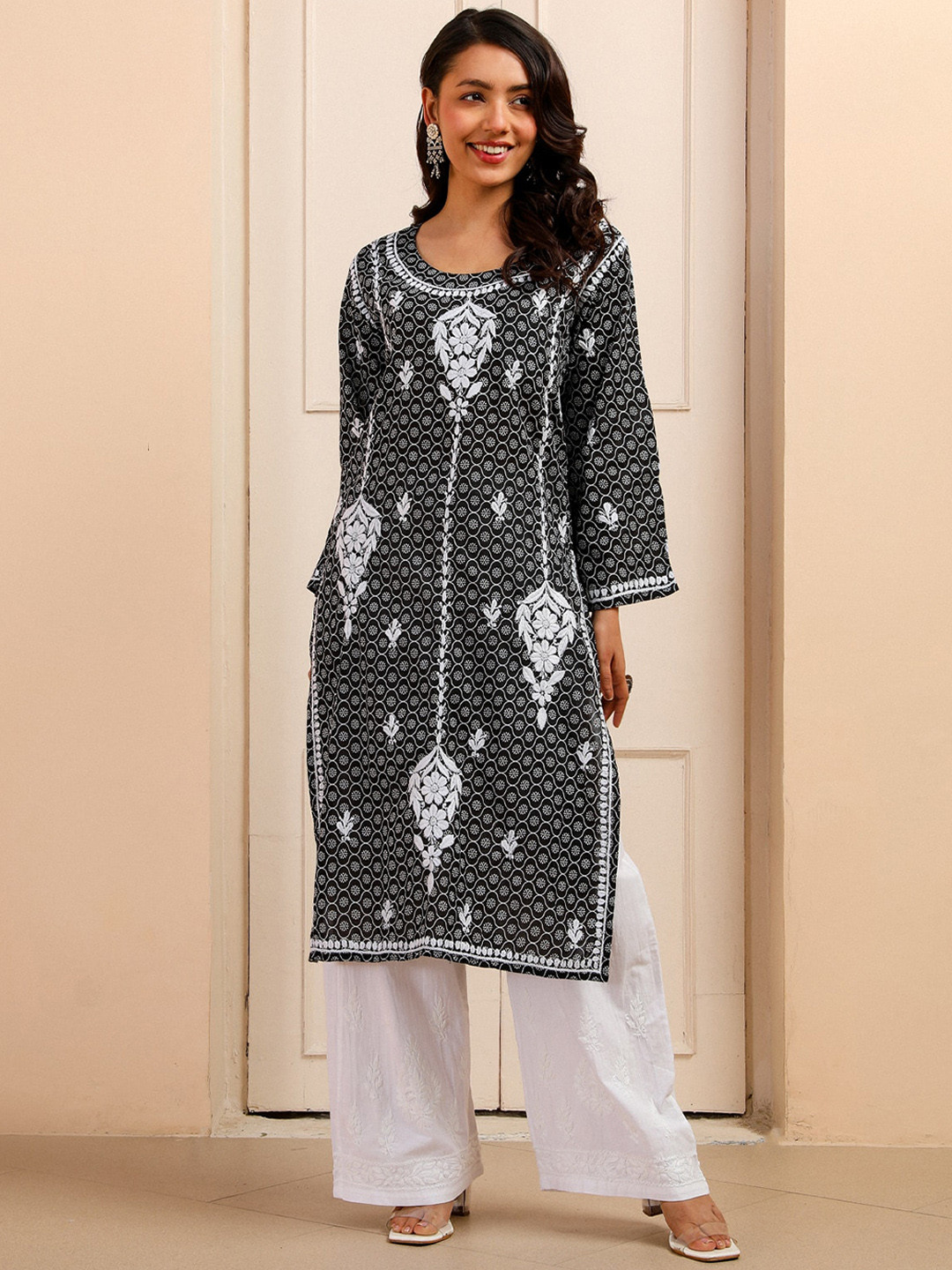 

House of Chikankari Chikankari Printed Kurta, Black