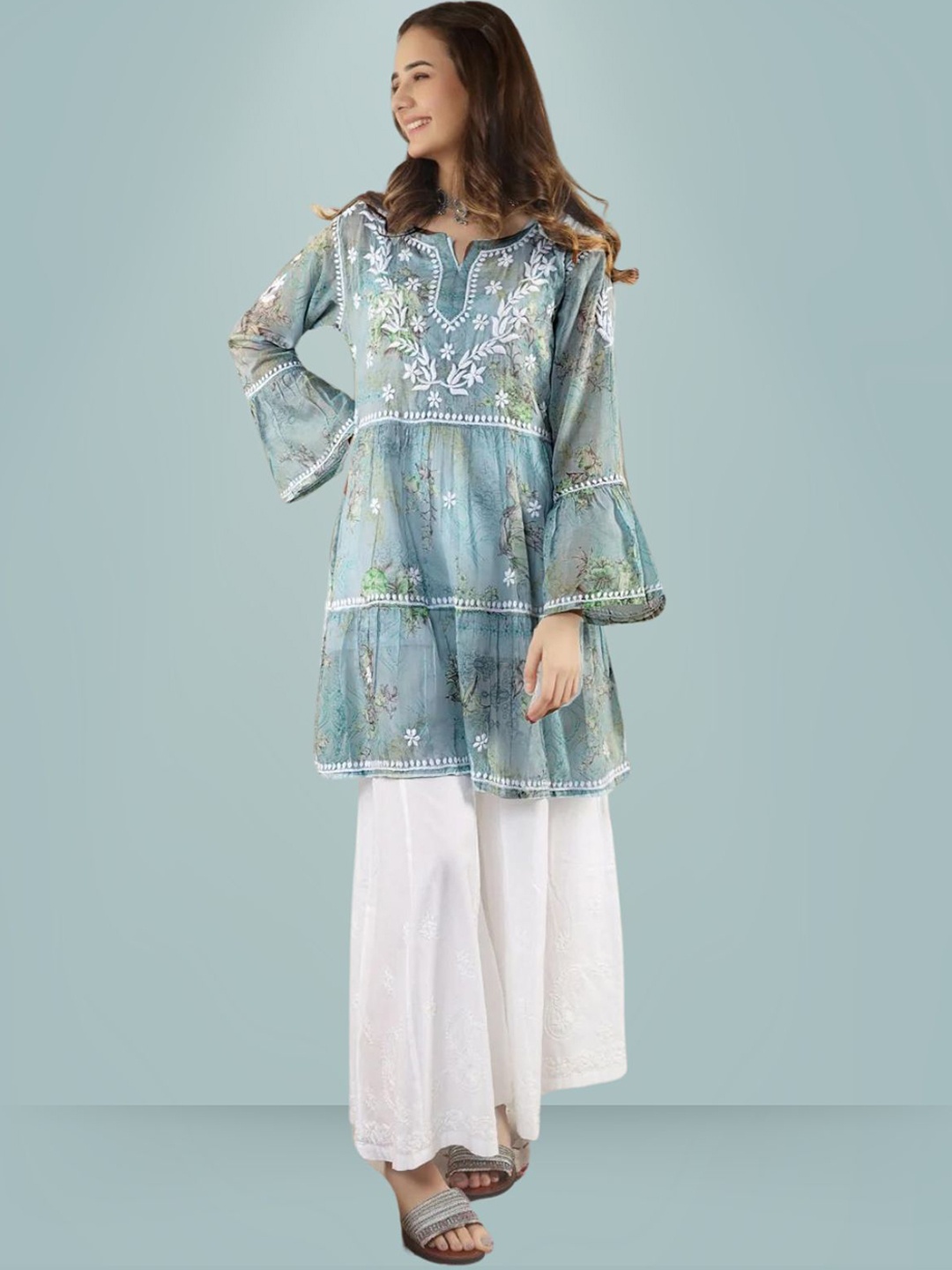 

House of Chikankari Women Printed Flared Sleeves Sequinned Kurta, Blue