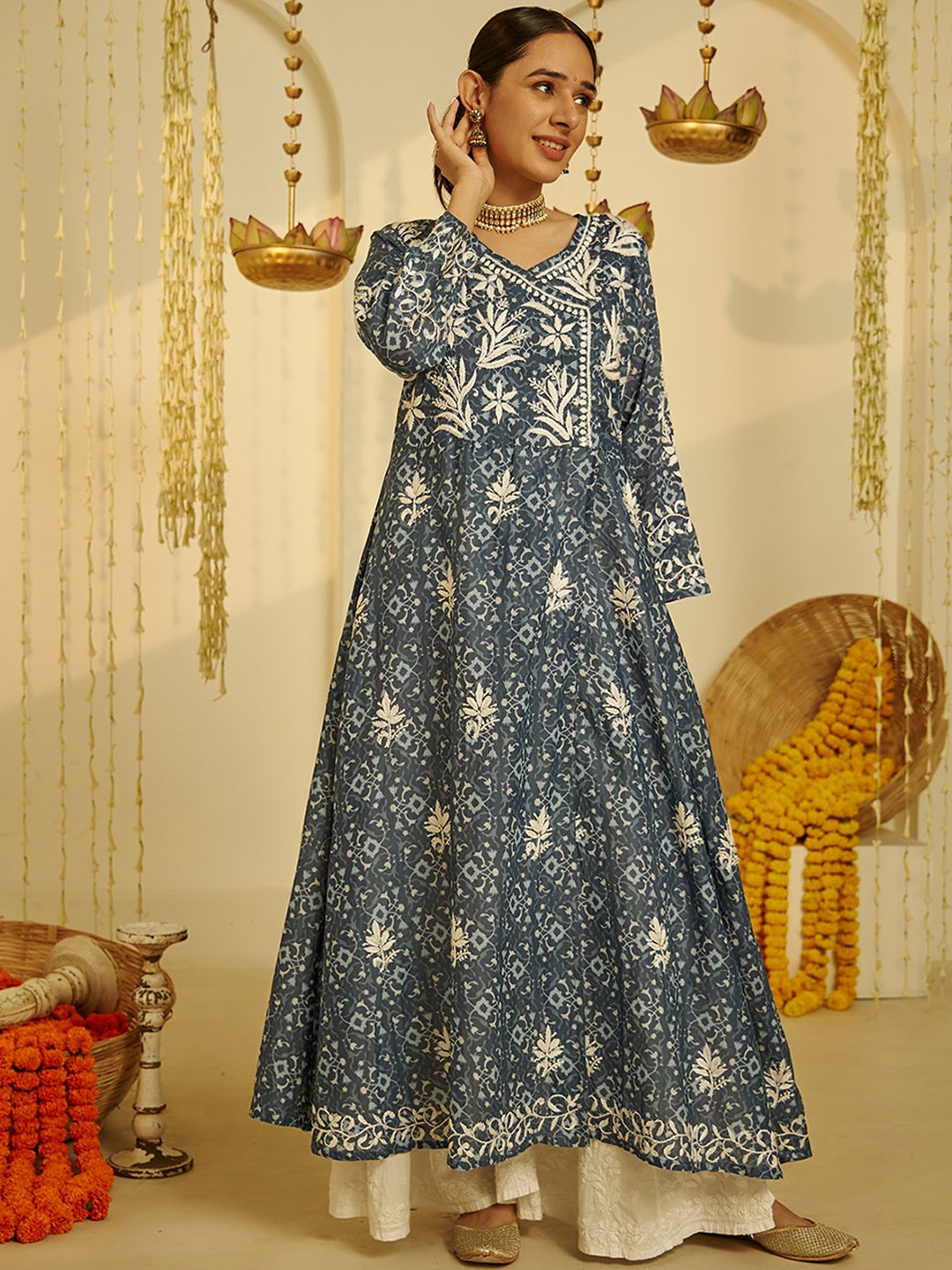 

House of Chikankari Ethnic Motifs Printed V- Neck Mulmul Chikankari Anarkali Kurta, Blue