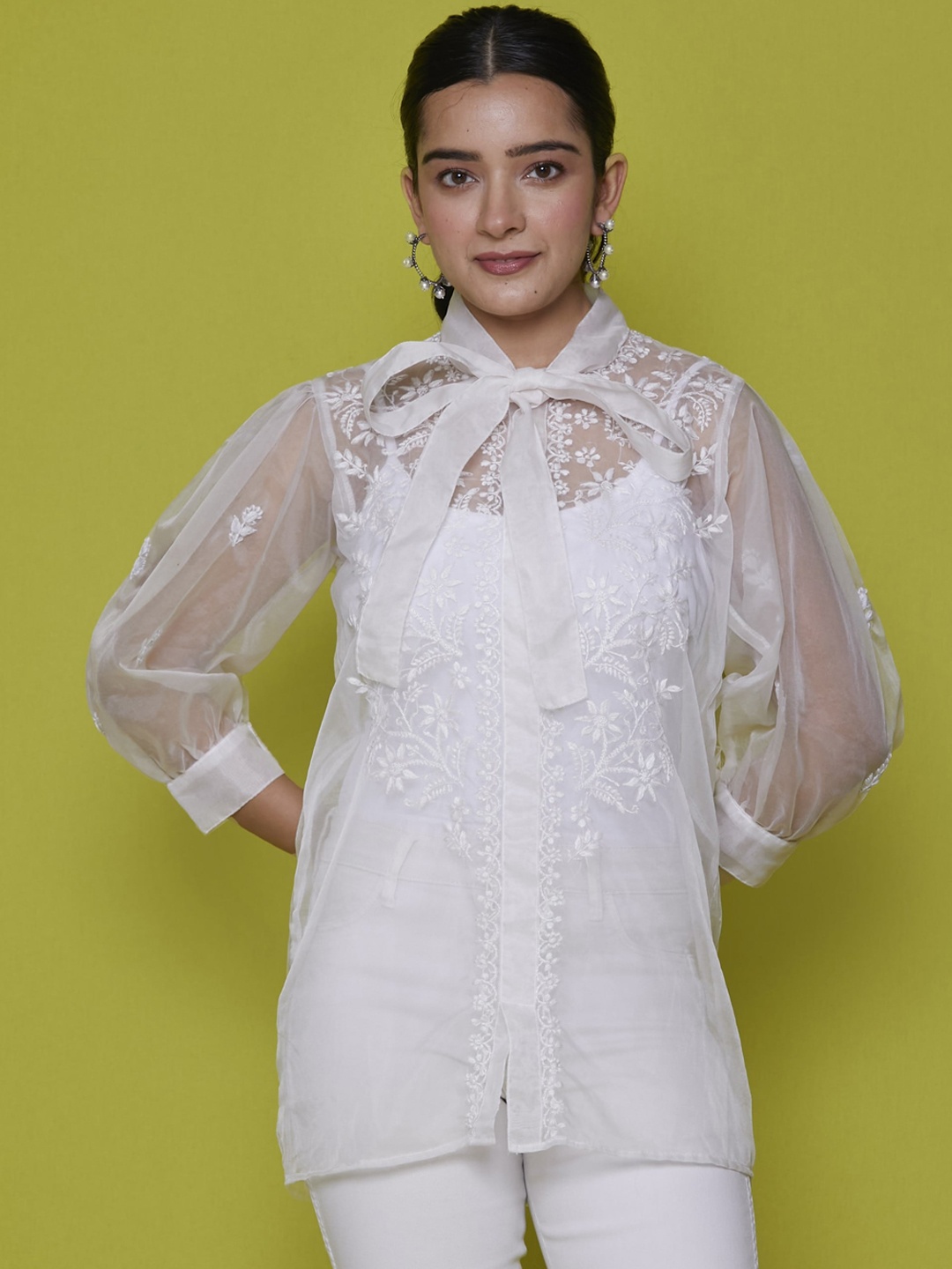 

House of Chikankari Chikankari Woven Shirt, White